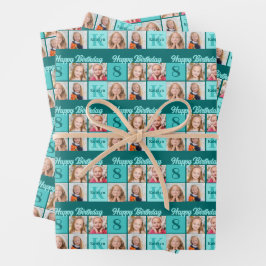 Trendy Teal Birthday Party Custom Photo Collage Inpakpapier Vel