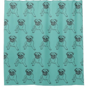 Trendy Teal Blauwe Pug Hond Tekening Douchegordijn