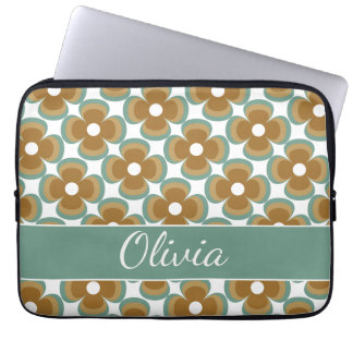 Trendy Teal Caramel Retro Groovy Flowers Seamless Laptop Sleeve