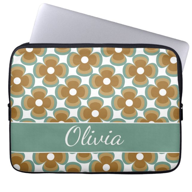 Trendy Teal Caramel Retro Groovy Flowers Seamless Laptop Sleeve (Voorkant)