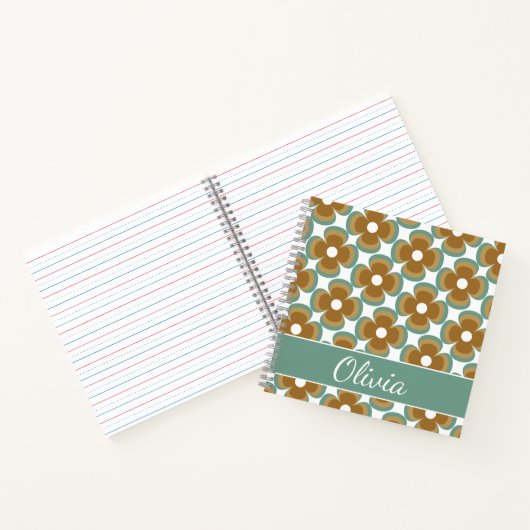 Trendy Teal Caramel Retro Groovy Flowers Seamless Notitieboek (Binnen)