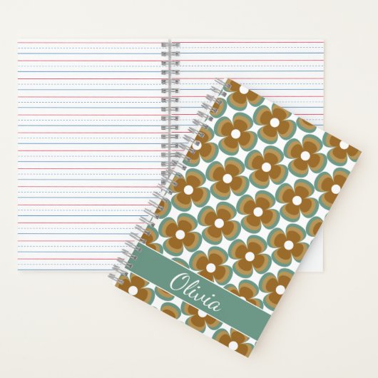 Trendy Teal Caramel Retro Groovy Flowers Seamless Notitieboek (Binnen)
