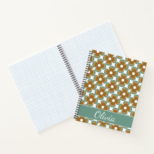 Trendy Teal Caramel Retro Groovy Flowers Seamless Notitieboek (Binnen)