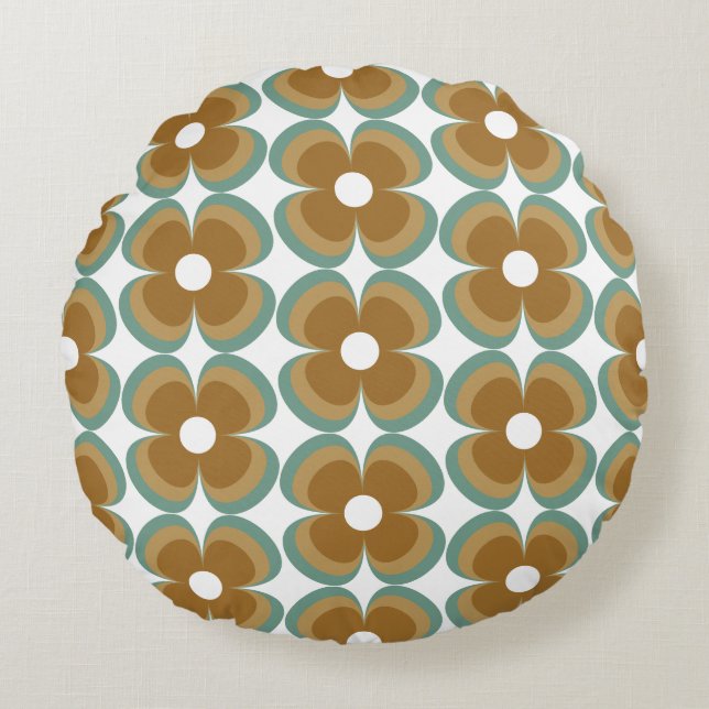 Trendy Teal Caramel Retro Groovy Flowers Seamless Rond Kussen (Voorkant)