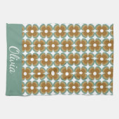 Trendy Teal Caramel Retro Groovy Flowers Seamless Theedoek (Horizontaal)