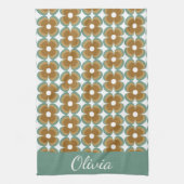 Trendy Teal Caramel Retro Groovy Flowers Seamless Theedoek (Verticaal)