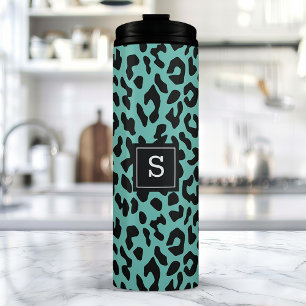 Trendy Teal Luipaard Dierprint Monogram Thermosbeker