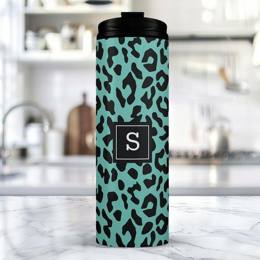 Trendy Teal Luipaard Dierprint Monogram Thermosbeker