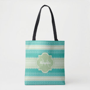 Trendy Teal Neo Mintgroene Breipatroon en Naam Tote Bag