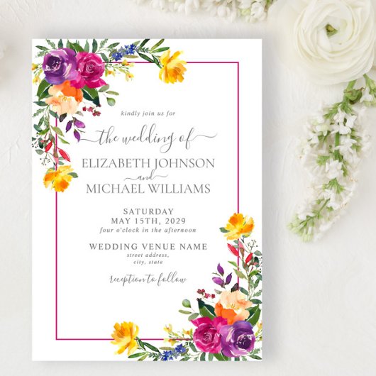 Trendy Technicolor Boho Floral Wedding Kaart