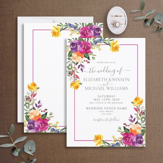 Trendy Technicolor Boho Floral Wedding Kaart