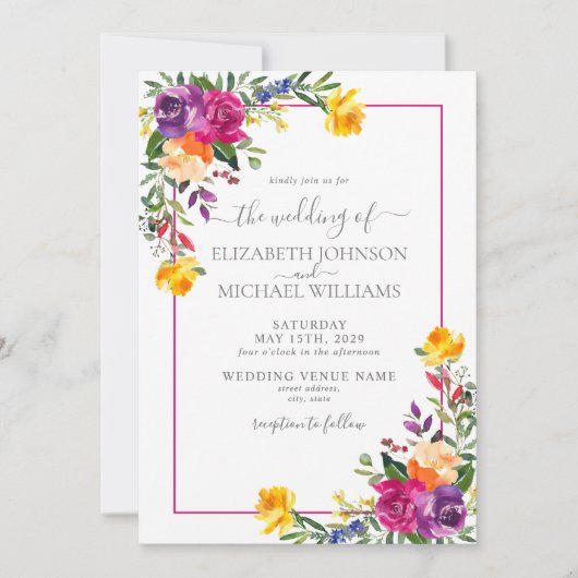 Trendy Technicolor Boho Floral Wedding Kaart (Voorkant)