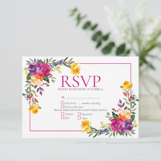 Trendy Technicolor Boho Floral Wedding RSVP (Staand voorkant)