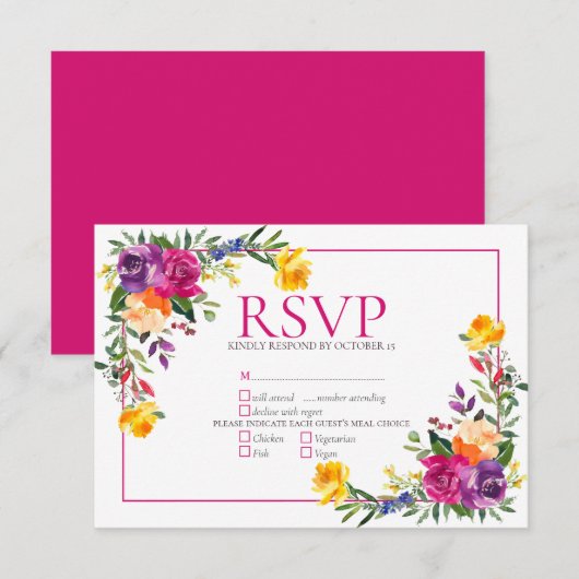 Trendy Technicolor Boho Floral Wedding RSVP Kaartje (Voorkant / Achterkant)