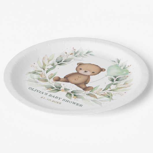 Trendy Teddy Bear Greenery Wreath Sage Balloon Papieren Bordje (Gekanteld)