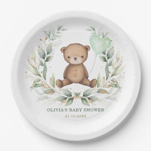 Trendy Teddy Bear Greenery Wreath Sage Balloon Papieren Bordje (Voorkant)