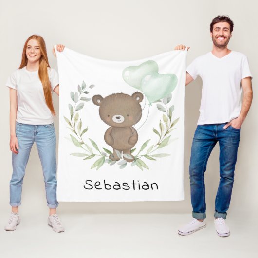 Trendy Teddy Bear Neutral Greenery Baby Nursery Fleece Deken (In situ)