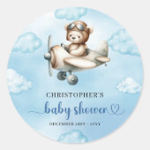 Trendy Teddy Bear Pilot Airplane Blue Brown Baby  Ronde Sticker (Voorkant)