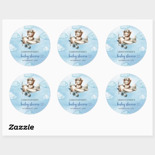 Trendy Teddy Bear Pilot Airplane Blue Brown Baby Ronde Sticker (Vel)
