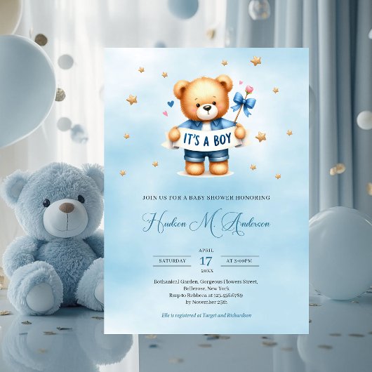 Trendy teddybeer het is een baby shower voor jonge kaart