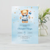 Trendy teddybeer het is een baby shower voor jonge kaart (Staand voorkant)