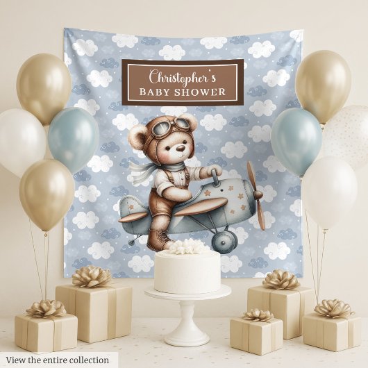 Trendy teddybeer piloot babyshower achtergrond wandkleed