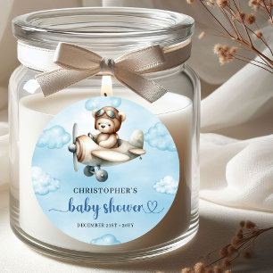 Trendy teddybeer piloot vliegtuig blauw bruin baby ronde sticker