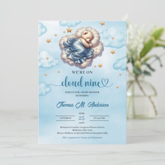 Trendy teddybeer wolk negen Boy Baby shower Kaart (Staand voorkant)