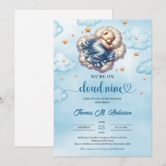 Trendy teddybeer wolk negen Boy Baby shower Kaart (Voorkant / Achterkant)
