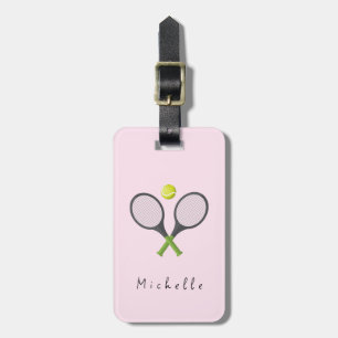 Trendy tennisracket en bal gepersonaliseerd roze bagagelabel