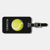 Trendy tennisracket en bal gepersonaliseerd zwart bagagelabel (Voorkant horizontaal)