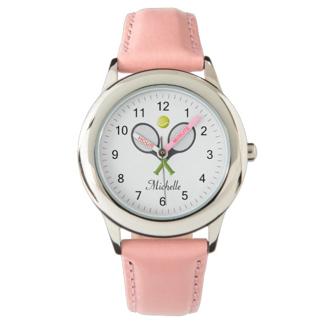 Trendy tennisracket en bal gepersonaliseerde Kinde Horloge (Voorkant)