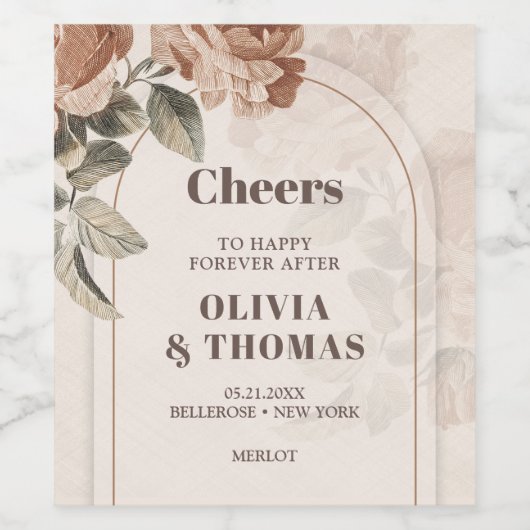 Trendy Terracotta bloemen salie bruin tinten boog Wijn Etiket (Enkel label)