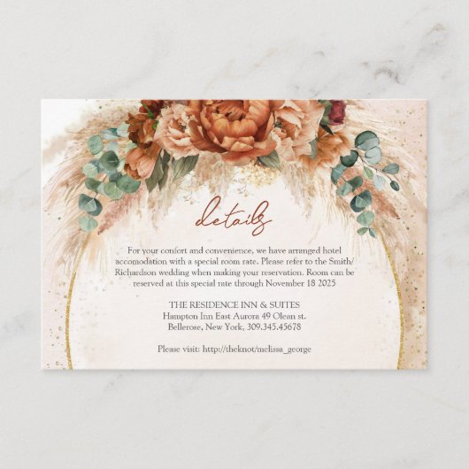 Trendy Terracotta bordeaux bloemen pampas details Informatiekaartje (Voorkant)