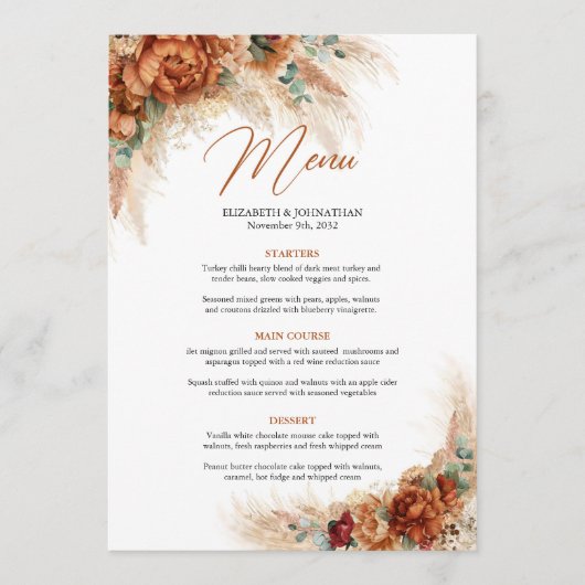 Trendy terracotta florale pampas graeucalyptus menu (Voorkant)