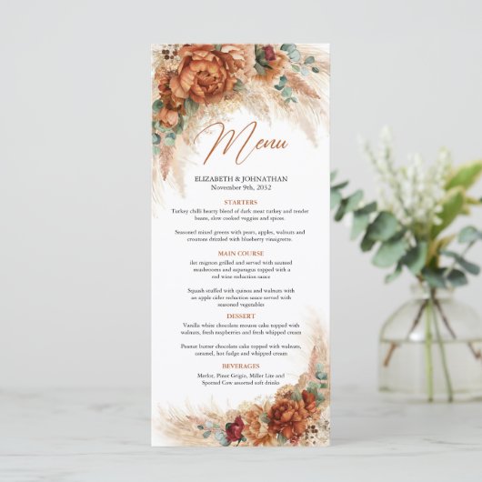 Trendy terracotta pampas graeucalyptus menu (Staand voorkant)