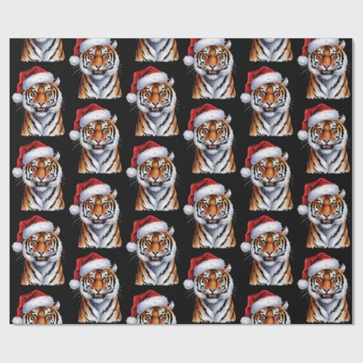 Trendy Tiger with Santa Hat Christmas Black Cadeaupapier (Vlak)