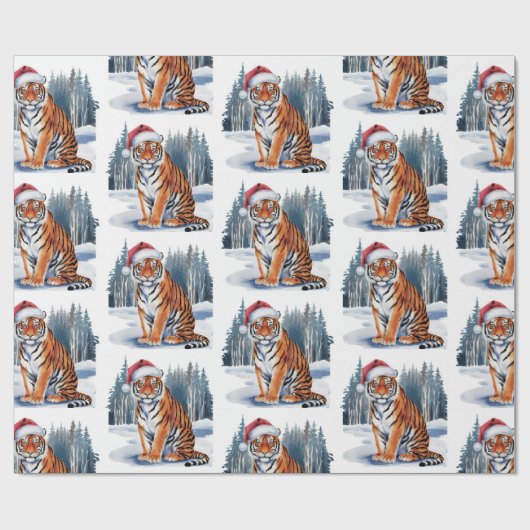 Trendy Tiger with Santa Hat Christmas Cadeaupapier (Vlak)
