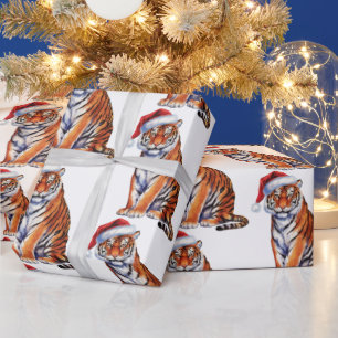 Trendy Tijger met Kerstman Hoed Kerstmis Cadeaupapier