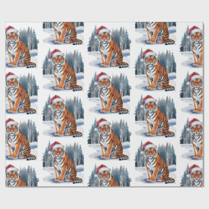 Trendy Tijger met Kerstman Hoed Kerstmis Cadeaupapier