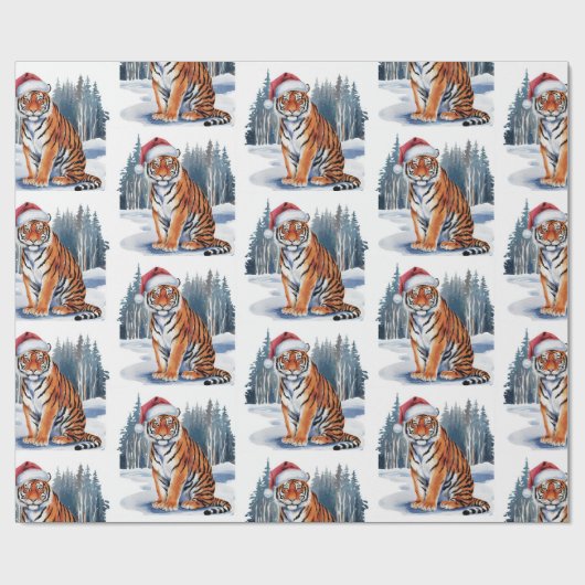 Trendy Tijger met Kerstman Hoed Kerstmis Cadeaupapier (Vlak)