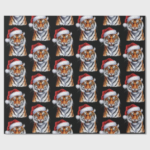 Trendy Tijger met Kerstman Hoed Kerstmis Zwart Cadeaupapier