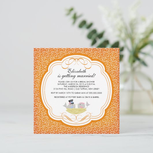 Trendy Tortelduifjes Bridal Shower Invitation Oran Kaart (Staand voorkant)