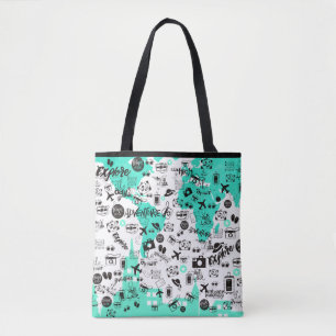 Trendy Travel Items Typografie Patroon Blauwgroen Tote Bag