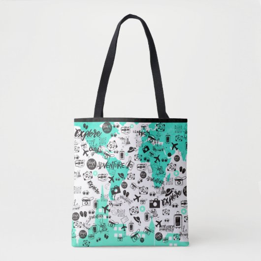 Trendy Travel Items Typografie Patroon Blauwgroen  Tote Bag (Voorkant)
