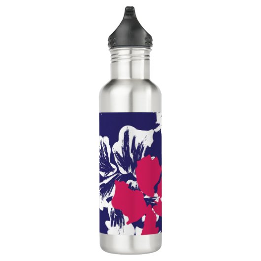 Trendy Tropical Abstract Blue Red Floral Pattern Waterfles (Rechts)