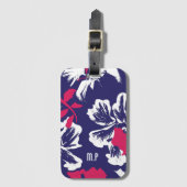 Trendy Tropical Blue Red Floral Pattern Monogram Bagagelabel (Voorkant (verticaal))