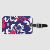 Trendy Tropical Blue Red Floral Pattern Monogram Bagagelabel (Voorkant (horizontaal))