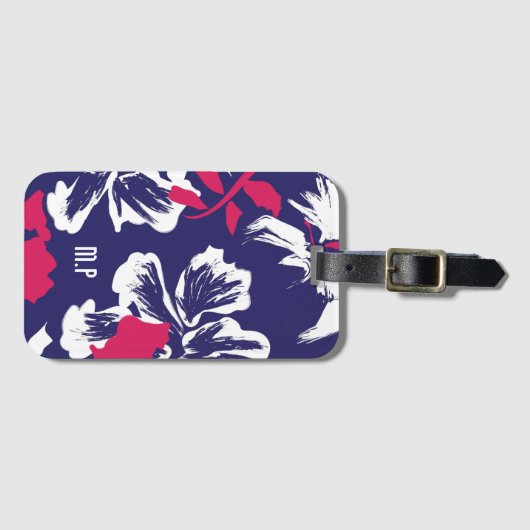Trendy Tropical Blue Red Floral Pattern Monogram Bagagelabel (Voorkant (horizontaal))