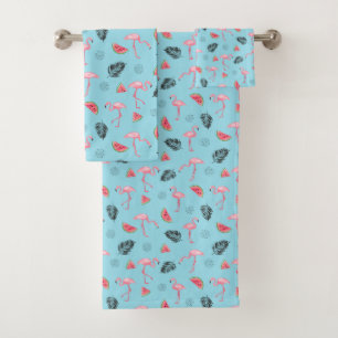 Trendy Tropical Flamingo & Watermelon Pattern Bad Handdoek